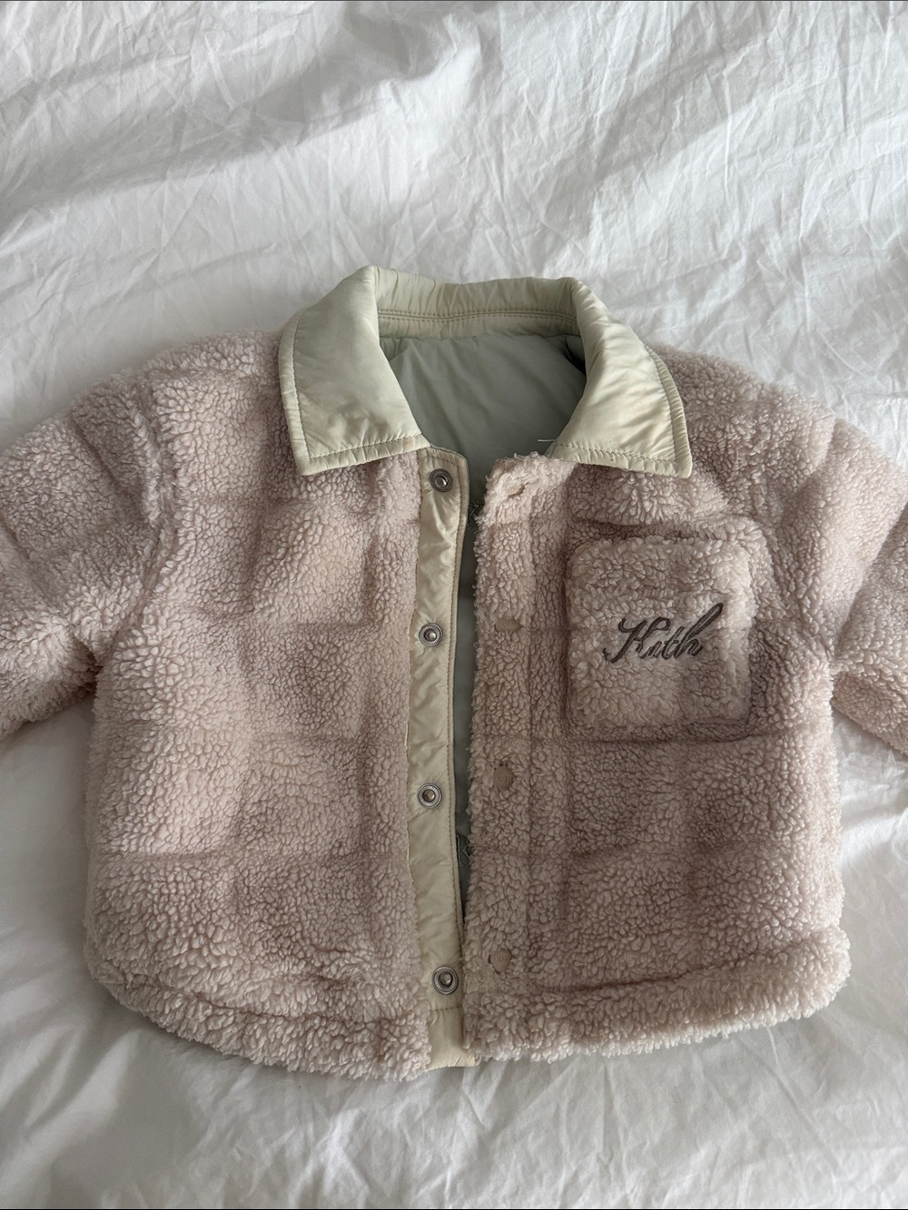Kith Kids Cream Sherpa Snap-Front Jacket two sided